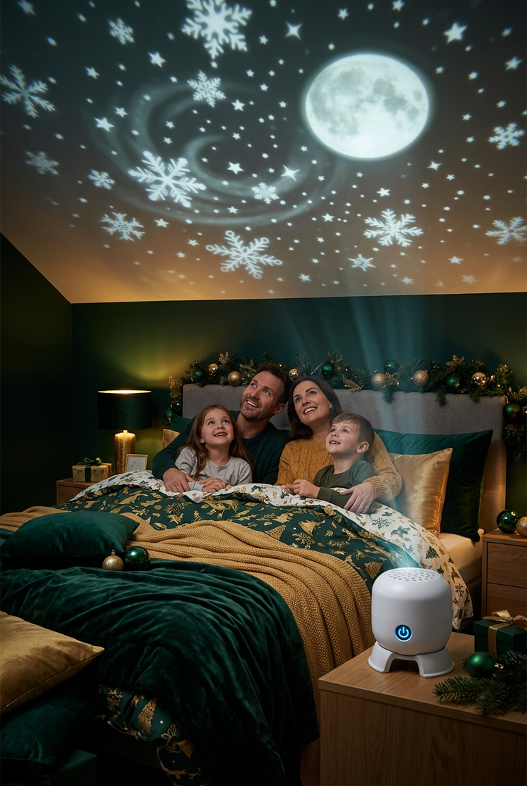Family enjoying the holiday sky projection
