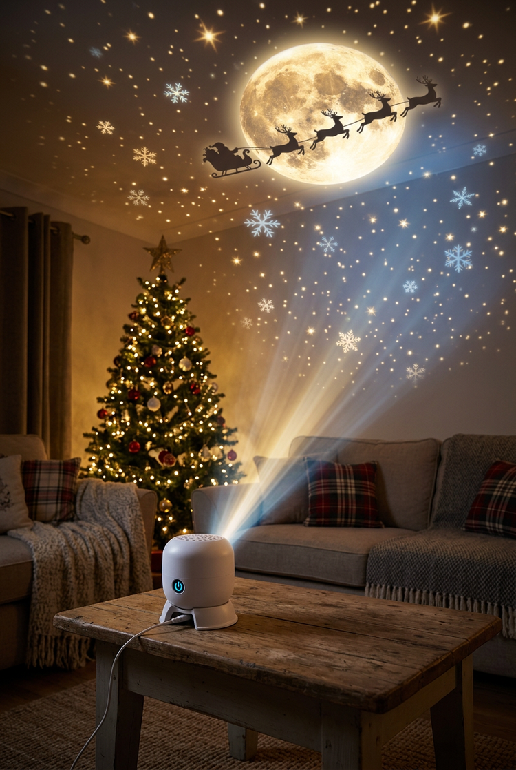 Holiday sky projected in a living room