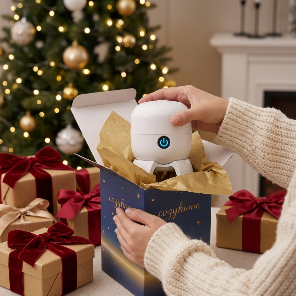 Unboxing the CozyHome projector from its gift box by the Christmas tree