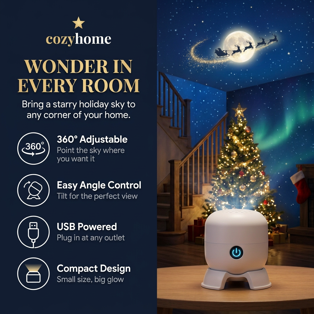 CozyHome projector features: 360° adjustable, easy angle control, USB powered, compact design