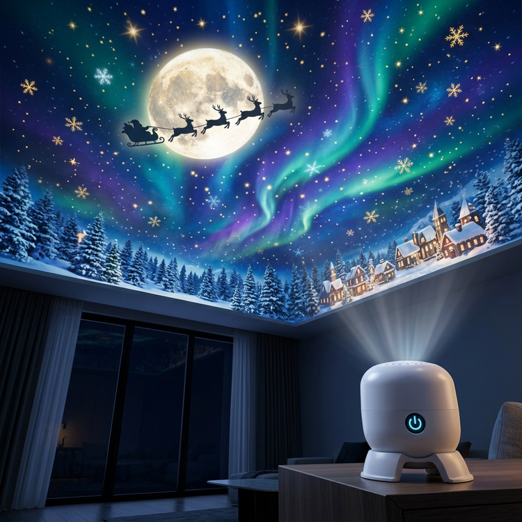 Holiday sky with moon, sleigh and aurora projected across a living room ceiling